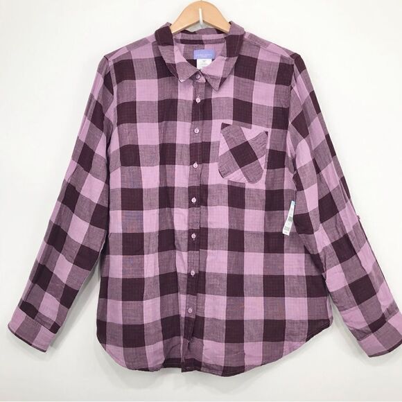 Laura Scott Purple Gingham Plaid Roll Tab Sleeve Button Up Shirt NEW - Picture 3 of 14